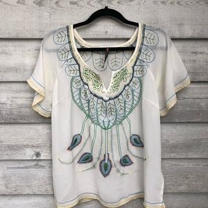 Embroidered peacock white sheer blouse -L